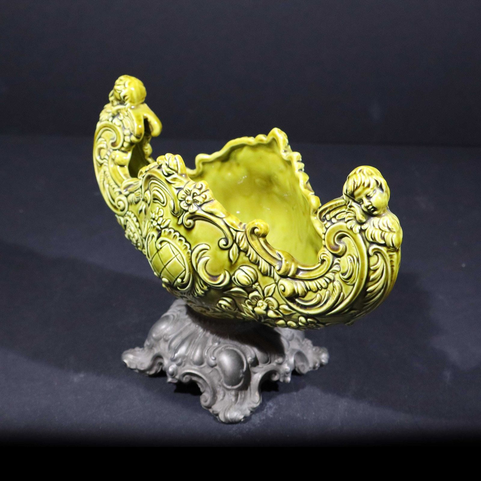 Antique Majolica Planter By Schütz Cilli Austrian Green Ceramic Jardiniere With Cherubs photo Home Decor