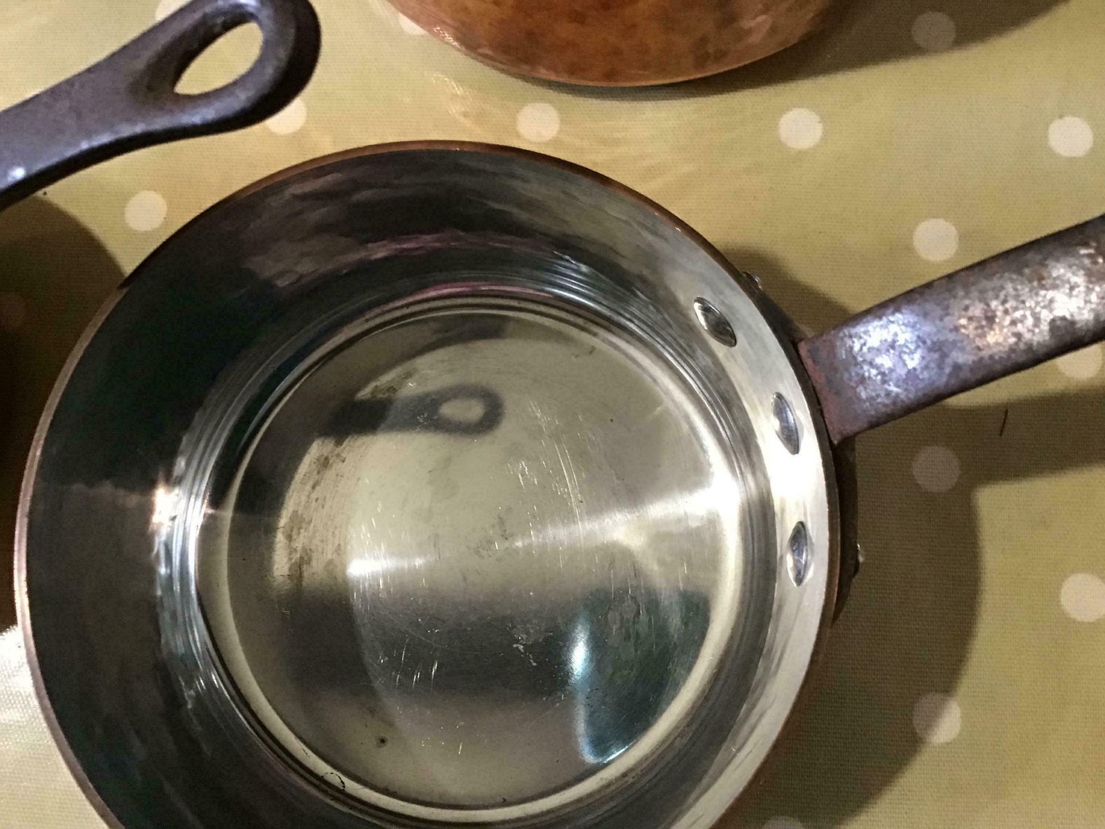 4 Copper Hammered Pans Stamped French Pots And Pans, Made In France, Country Kitchen, photo for sale