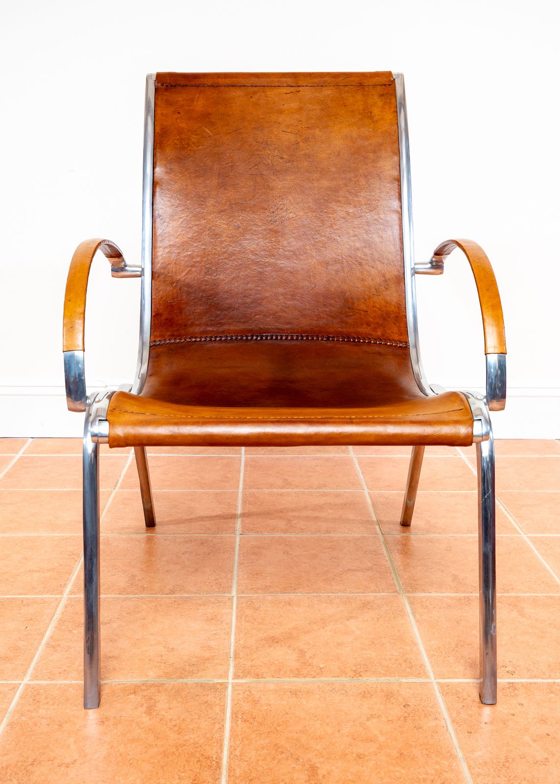 Tan Hide Leather Lounge Chair Mid Century Mcm Aluminium Hungarian A.Rt Deco Bauhaus Style 1970s Hungary Rudolf Szedleczky photo 1650.0