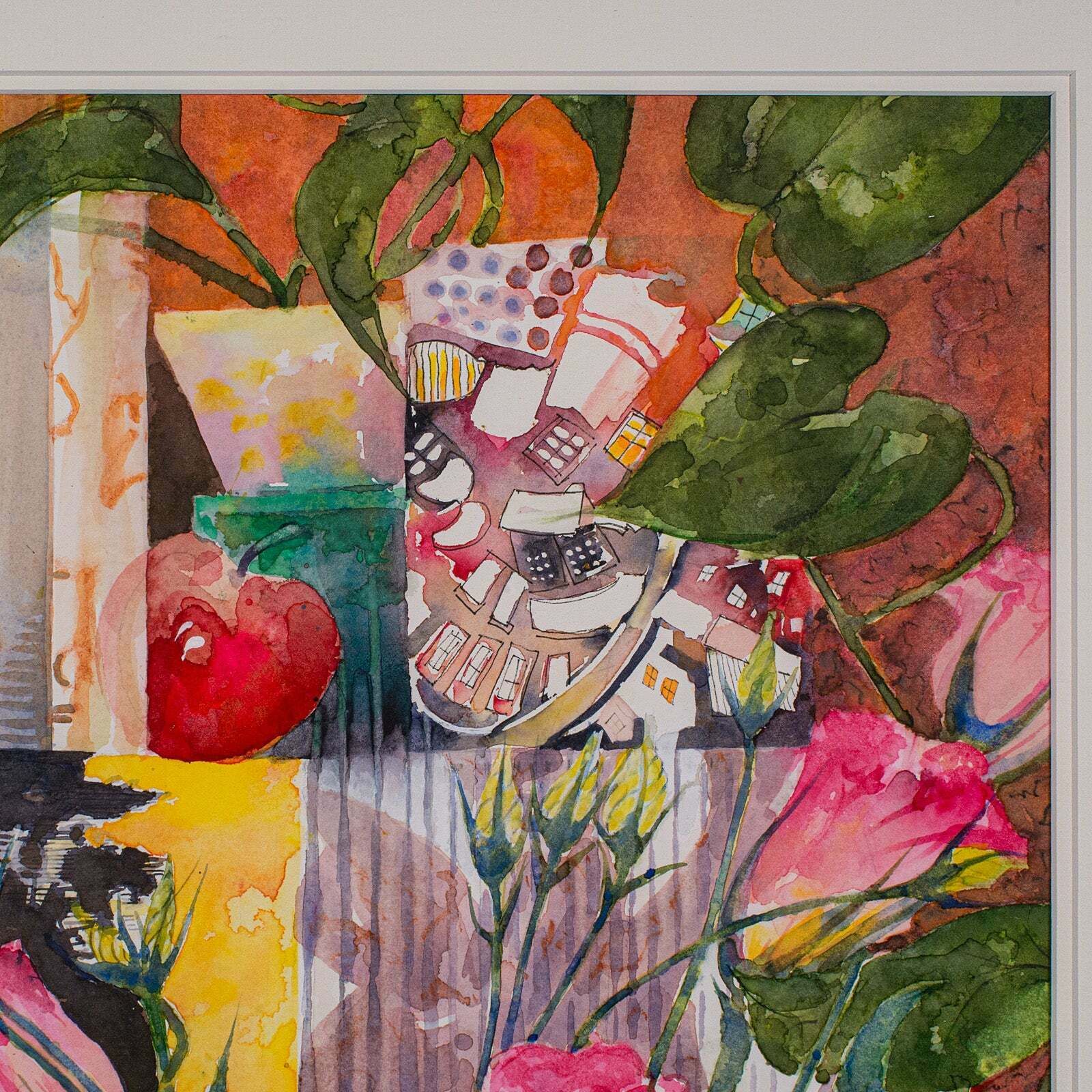 Vintage Abstract Painting, English, Framed Watercolour, Flower Study, Signed Art photo 495.0