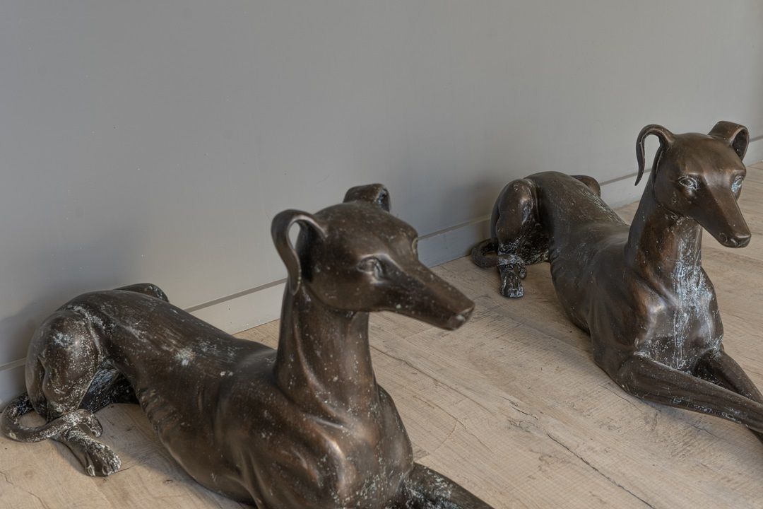 Pair Of Bronze Whippet Garden Statues