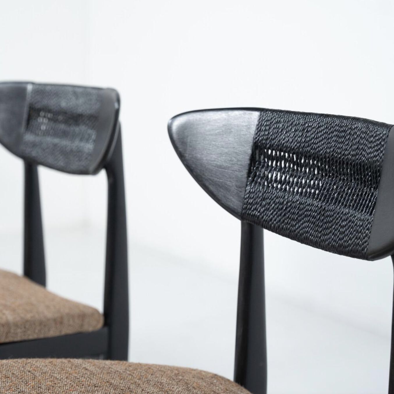 Mid Century Modern Set Of 4 Chairs By Hans Wegner, Black Wood And Rope, Denmark photo for sale
