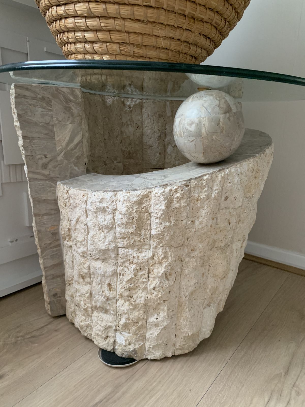 1980s Postmodern Natural Mactan Stone Accent / End Table With Glass Top photo Furniture