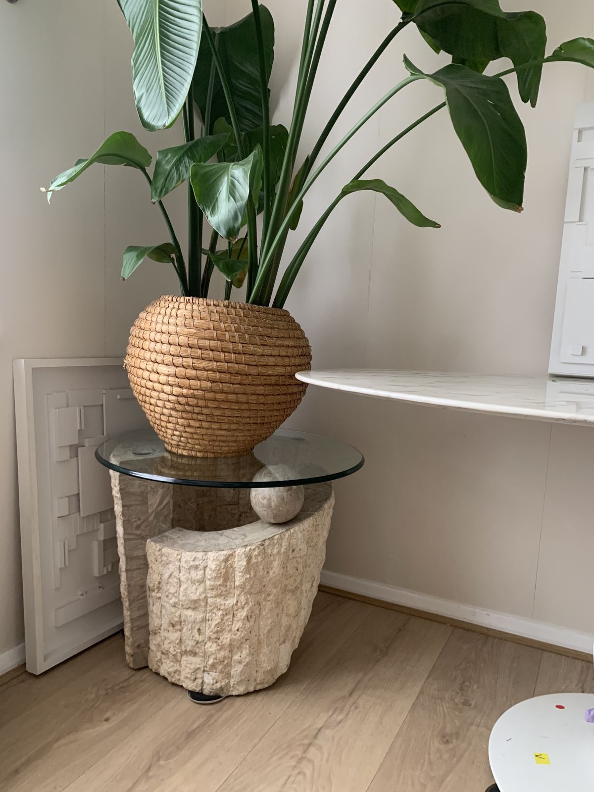 1980s Postmodern Natural Mactan Stone Accent / End Table With Glass Top photo 950.0