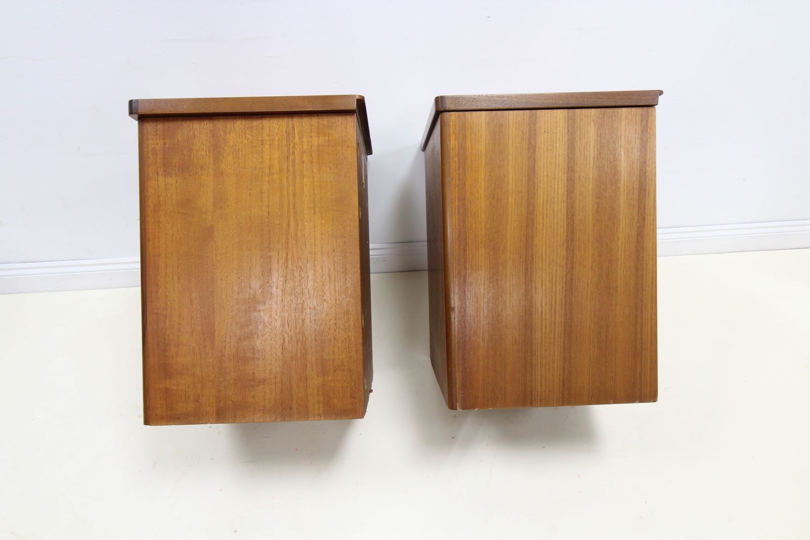 photo for sale Pair Of Vintage Teak Ottomans Linen Blanket Storage Boxes   Nathan G Plan Era