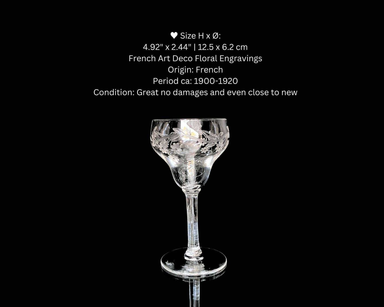 Crystal French Cordial Glasses | 2pcs | Engraved Floral Art Deco photo buy