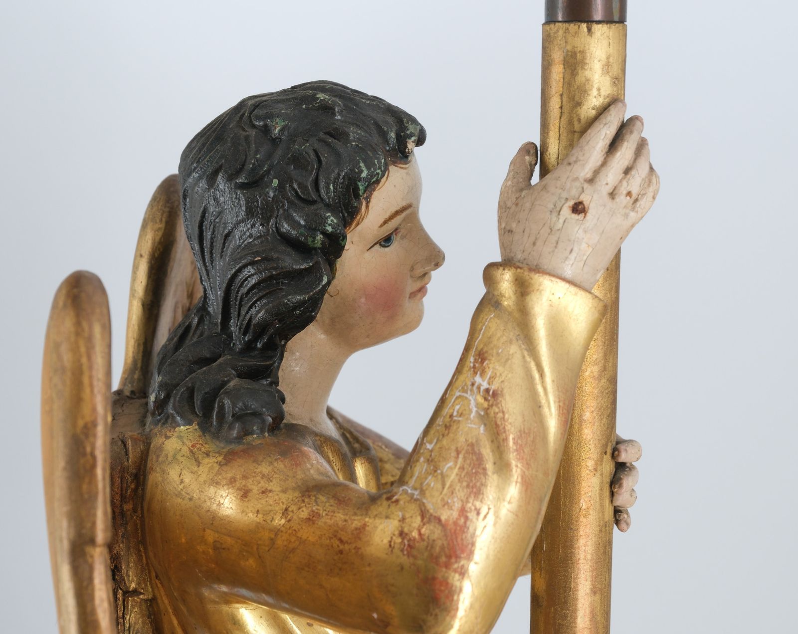 19th Century Carved Giltwood & Polychrome Painted Angel Alter Candlestick photo vinterior