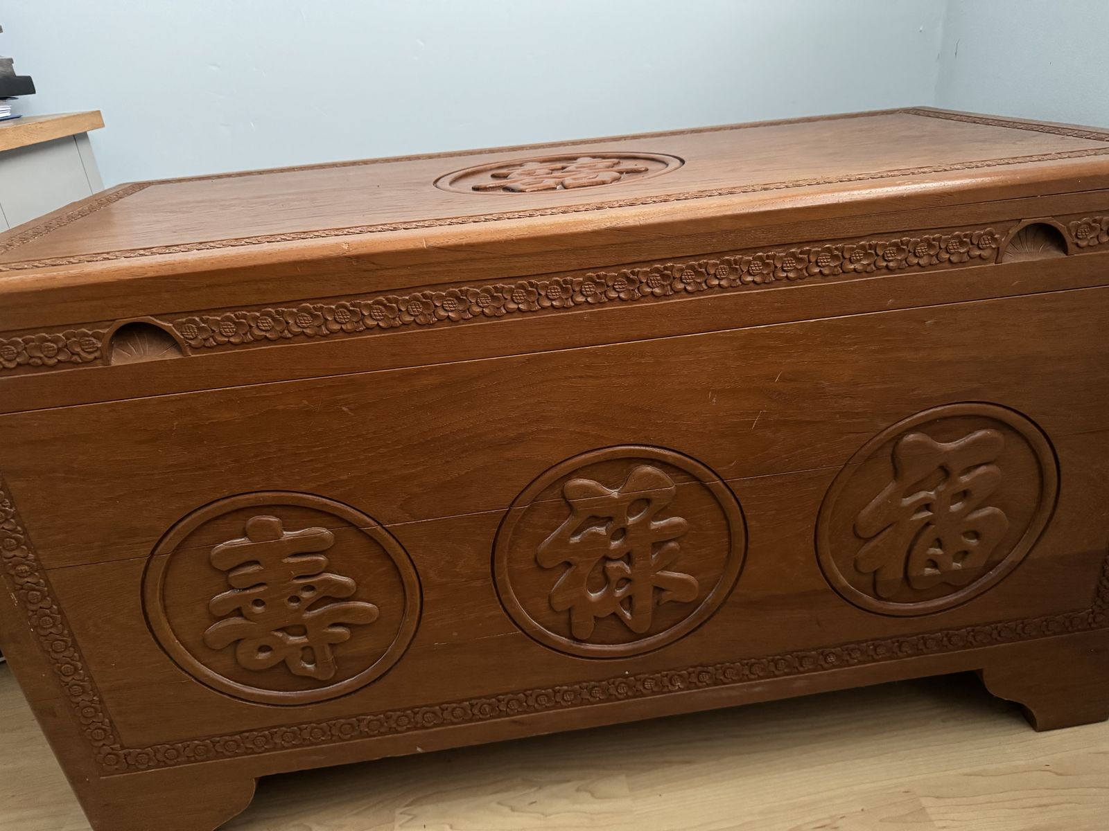 Vintage Camphor Wood Chest With Engraved Symbols Of Blessing