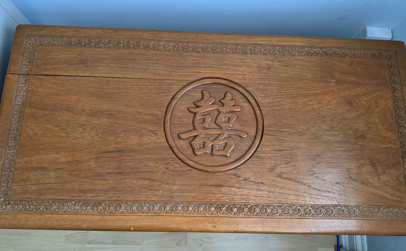 Vintage Camphor Wood Chest With Engraved Symbols Of Blessing photo 195.0