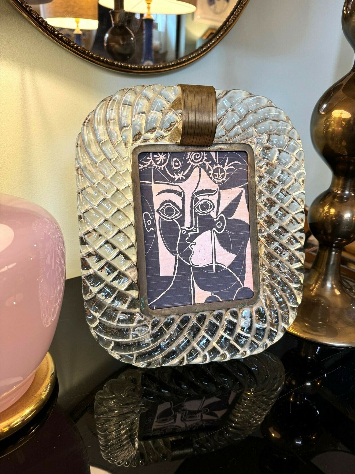 An Orignal 1940s Murano Torchon Glass And Brass Framed Mirror Attributed To Seguso photo vinterior