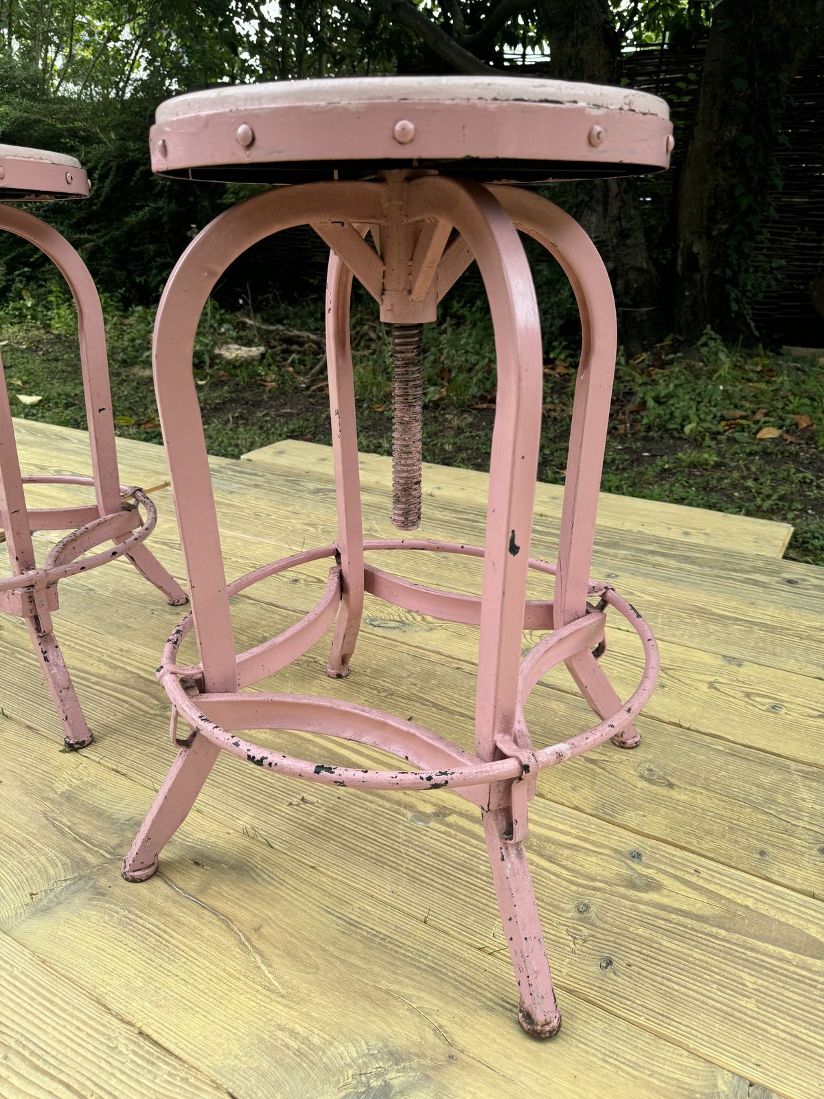 Pair Of Industrial Pink Adjustable Metal Bar Stools photo furniture