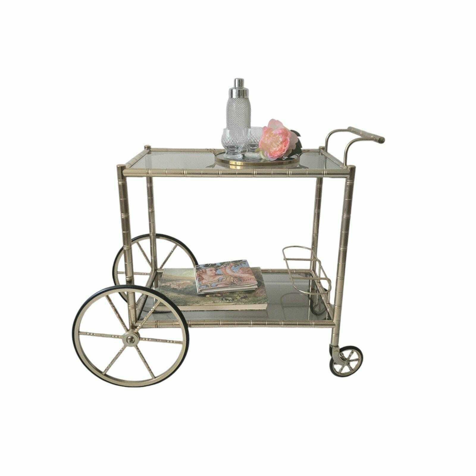 Vintage Hollywood Regency Brass And Smoky Glass Faux Bamboo Bar Cart By Orsenigo, Italy 1970s