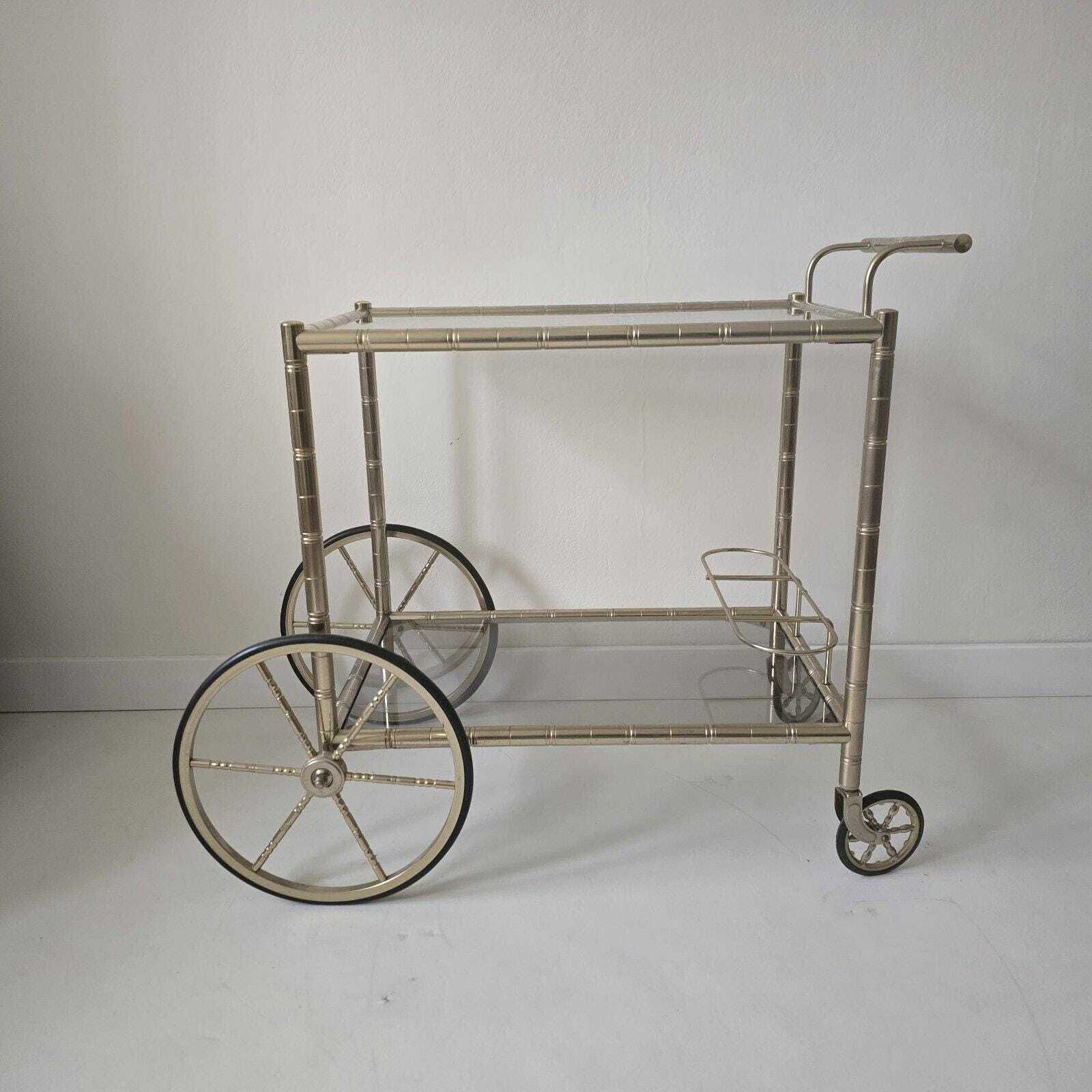 Vintage Hollywood Regency Brass And Smoky Glass Faux Bamboo Bar Cart By Orsenigo, Italy 1970s photo buy