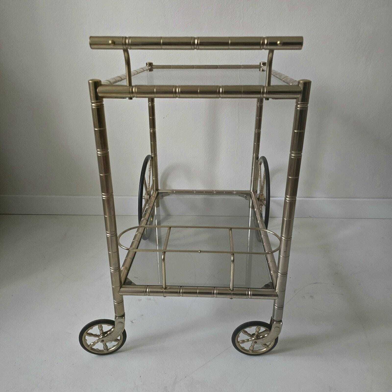 Vintage Hollywood Regency Brass And Smoky Glass Faux Bamboo Bar Cart By Orsenigo, Italy 1970s photo vintage