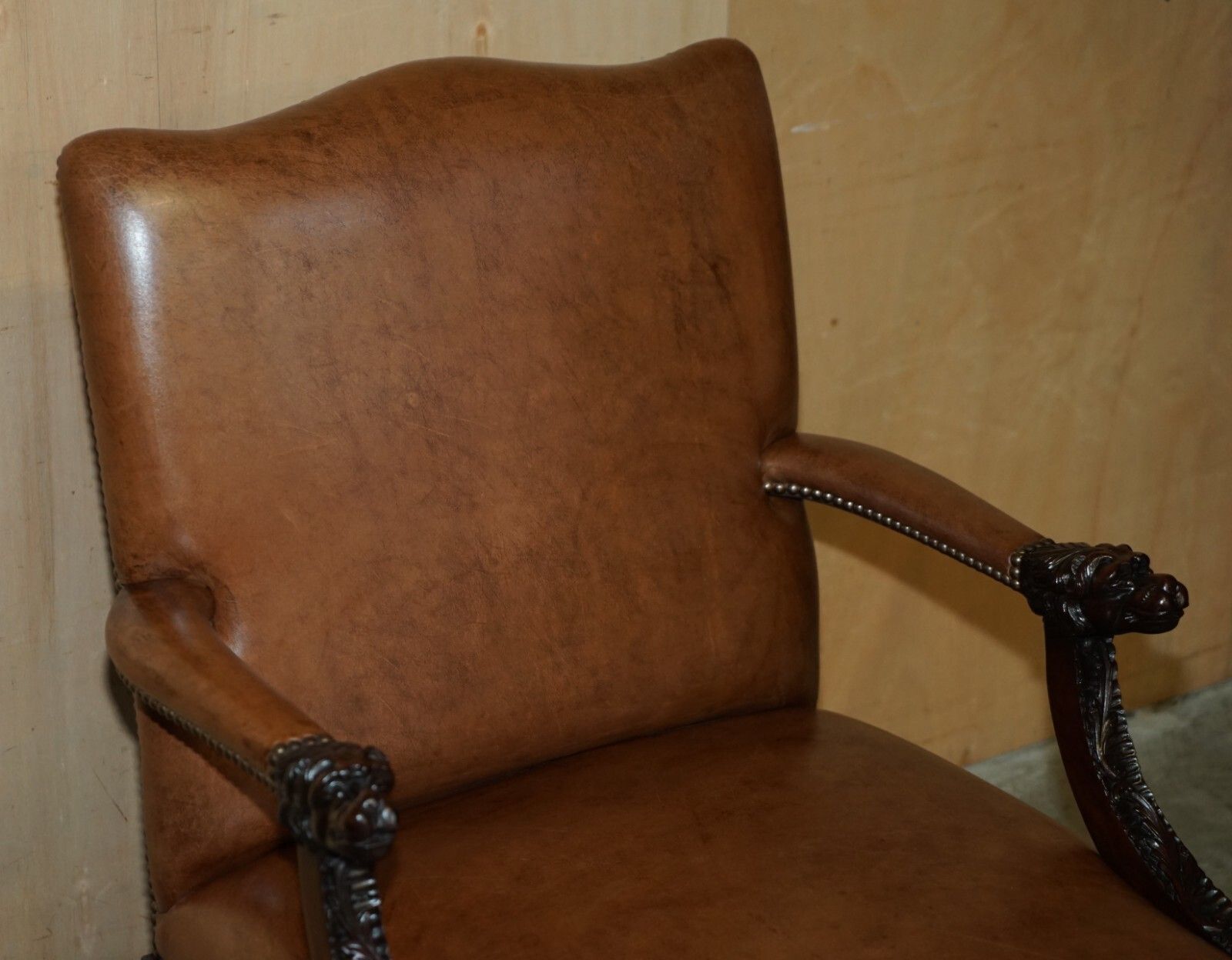 Fine Pair Of Brown Leather Carved Gainsborough Armchairs Giles Grendey 1693 1780 photo Furniture