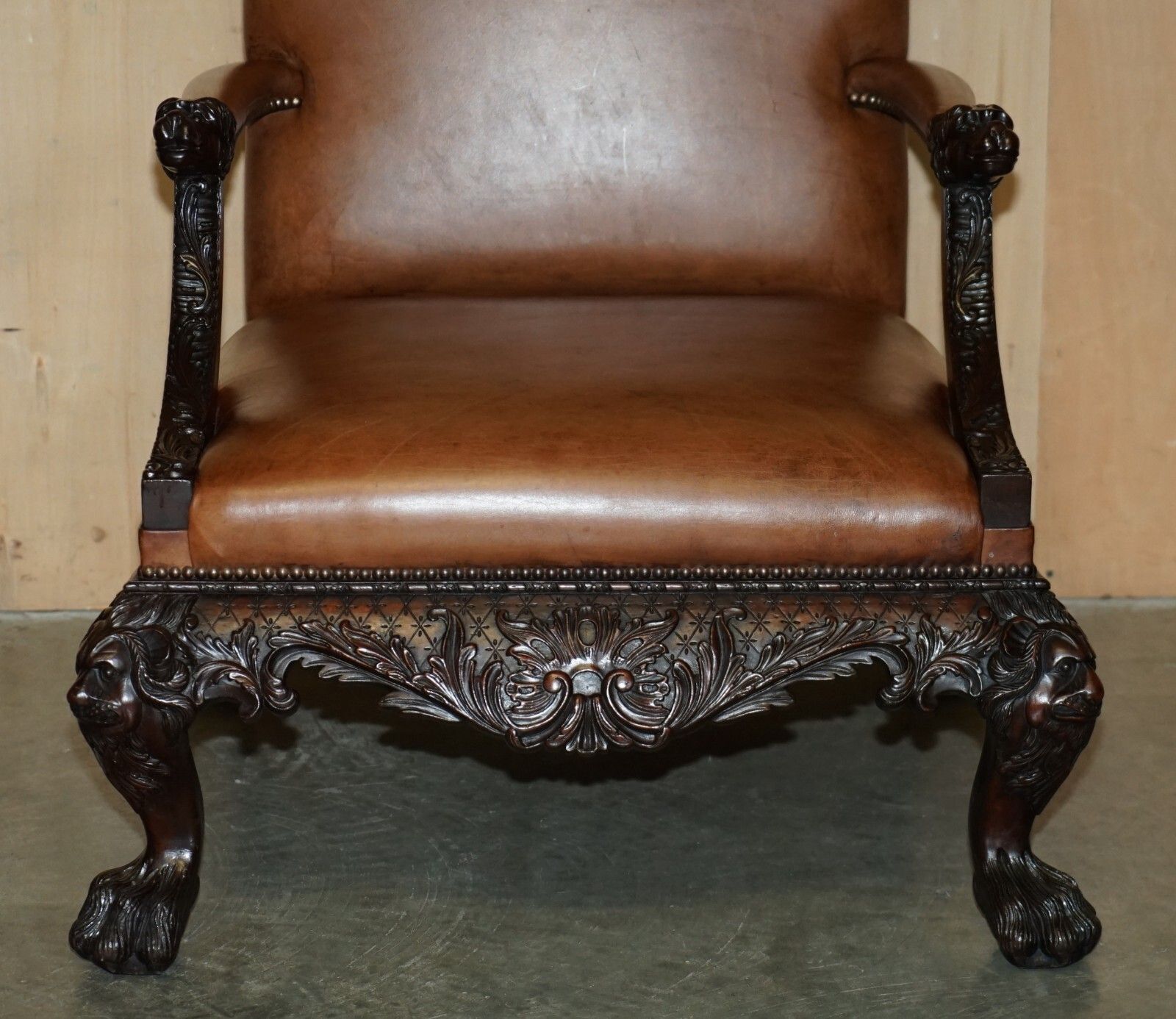 photo furniture Fine Pair Of Brown Leather Carved Gainsborough Armchairs Giles Grendey 1693 1780