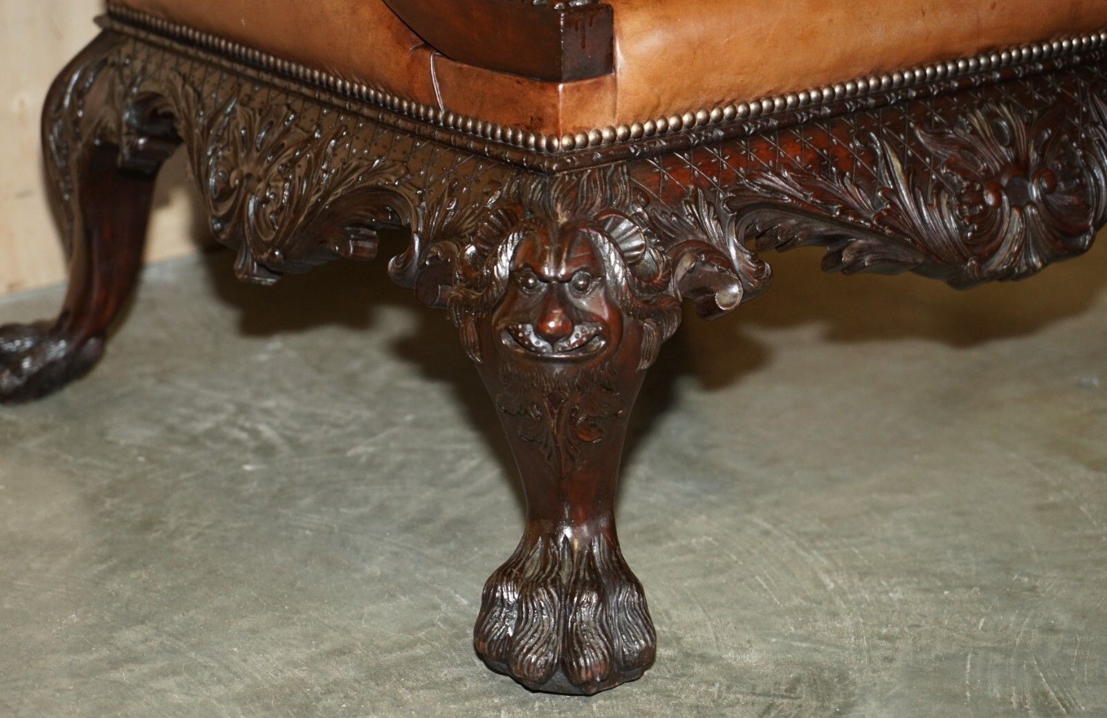Furniture Fine Pair Of Brown Leather Carved Gainsborough Armchairs Giles Grendey 1693 1780 photo