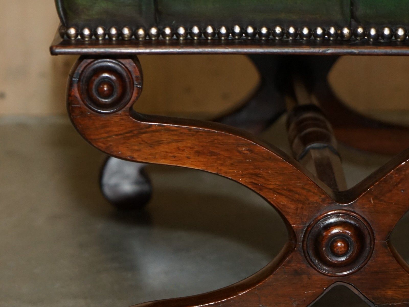 photo for sale Antique William IV 1830 Green Leather Rosewood Chesterfield Stool Piano Bench