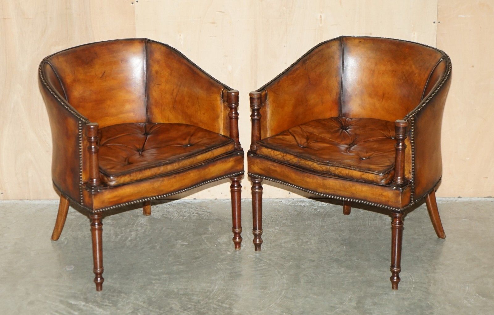Pair Of Hand Dyed Brown Leather Thomas Chippendale Chesterfield Tub Armchairs photo furniture