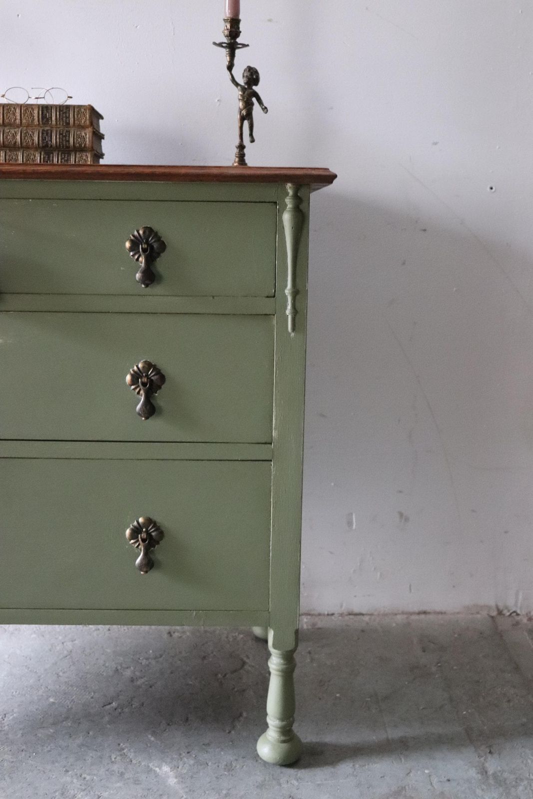 Painted Vintage Three Drawer Washstand Or Chest Of Drawers In Olive Green With Natural Wood Top photo vinterior
