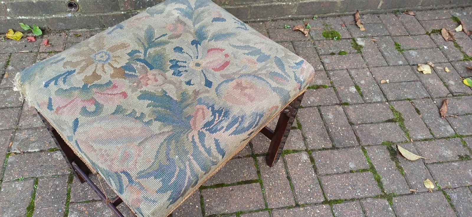 Antique Mahogany Stool With Tapestry Seat, Ornate Carved Details & Fretwork Accents – Elegant Vintage Vanity Piece Age Worn photo furniture