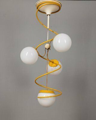 Vintage Italian Space Age Yellow Metal And Glass Hanging Light, 1970s