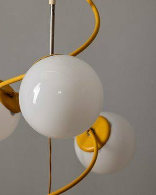 Vintage Italian Space Age Yellow Metal And Glass Hanging Light, 1970s photo Lighting