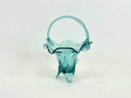 Turquoise Polish Glass Basket From Ząbkowice Glassworks, 1960s photo Home Decor