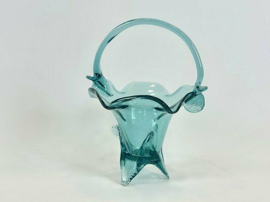 Turquoise Polish Glass Basket From Ząbkowice Glassworks, 1960s photo vintage