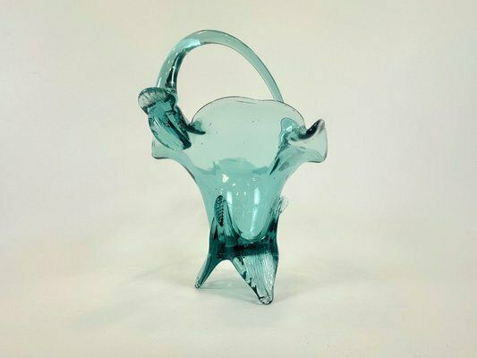 105.0 Turquoise Polish Glass Basket From Ząbkowice Glassworks, 1960s photo