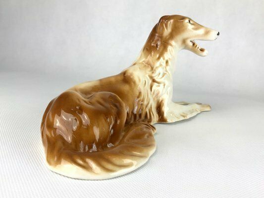 Art Deco Czechoslovakian Borzoi Greyhound Statue In Porcelain From Royal Dux Bohemia, 1960s photo for sale