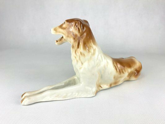 Art Deco Czechoslovakian Borzoi Greyhound Statue In Porcelain From Royal Dux Bohemia, 1960s photo 189.0