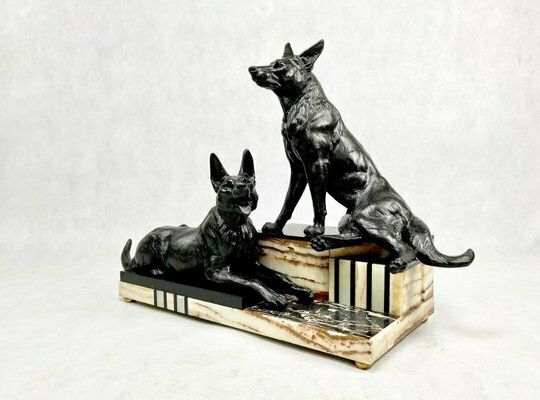 Louis Albert Carvin, Art Deco German Shepherds, 1920s, Zinc & Lead Alloy photo furniture