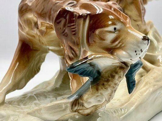 Large Hunting Dog With Duck Figurine In Porcelain From Royal Dux Bohemia, 1940s photo Home Decor