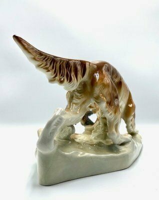 Large Hunting Dog With Duck Figurine In Porcelain From Royal Dux Bohemia, 1940s photo vintage