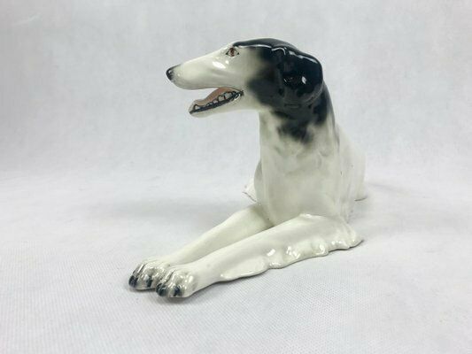 Art Deco Borzoi Greyhound Statue In Porcelain From Royal Dux Bohemia, Czechoslovakia, 1920s photo for sale