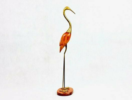 Mid Century Modern Tall Carved Teak And Brass Heron Figurine, 1960s photo Home Decor