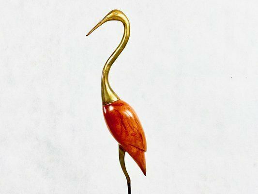 photo for sale Mid Century Modern Tall Carved Teak And Brass Heron Figurine, 1960s