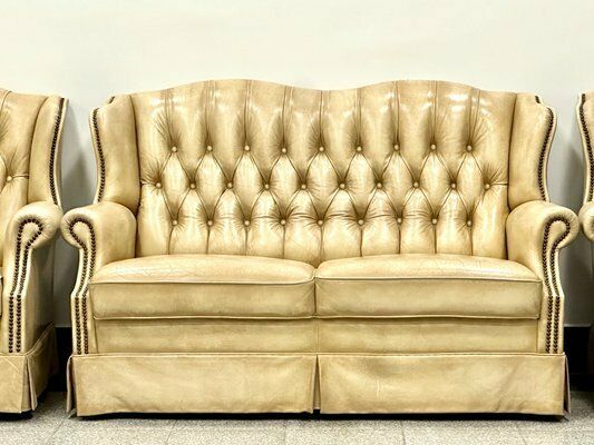 Chesterfield Style Leather Two Seater Sofa And Armchairs, 1980s, Set Of 3 photo buy