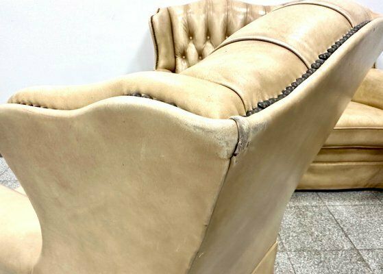 photo for sale Chesterfield Style Leather Two Seater Sofa And Armchairs, 1980s, Set Of 3