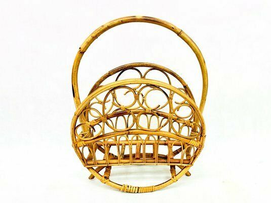 Italian Bamboo & Rattan Round Magazine Rack, 1970s photo furniture