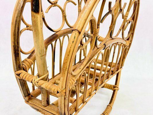 Italian Bamboo & Rattan Round Magazine Rack, 1970s photo for sale