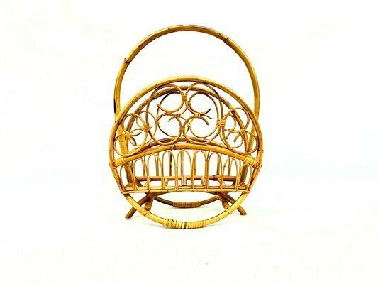 Italian Bamboo & Rattan Round Magazine Rack, 1970s photo 462.0