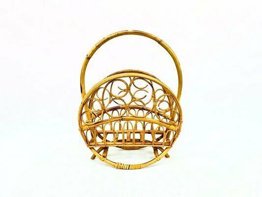 Italian Bamboo & Rattan Round Magazine Rack, 1970s photo vinterior