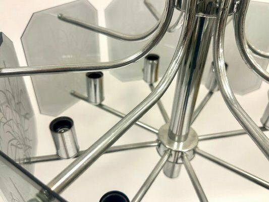Chrome Plated And Smoked Glass Chandelier From Fischer Leuchten, 1980s photo for sale