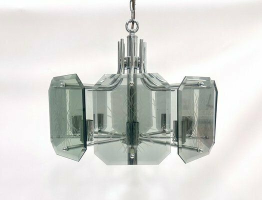 photo furniture Chrome Plated And Smoked Glass Chandelier From Fischer Leuchten, 1980s