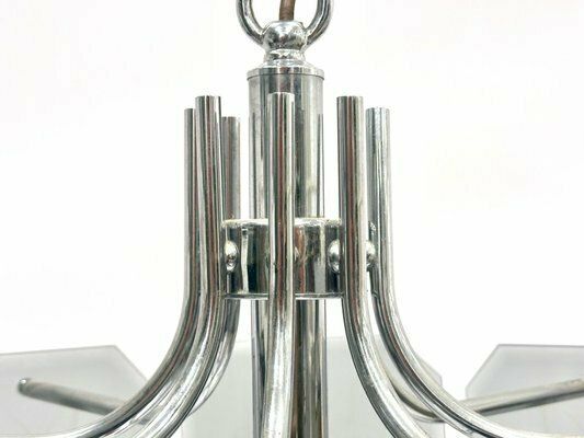 photo for sale Chrome Plated And Smoked Glass Chandelier From Fischer Leuchten, 1980s