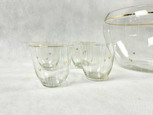 Mid Century Gold Plating Glass Punch Set, 1950s, Set Of 9 photo Home Decor