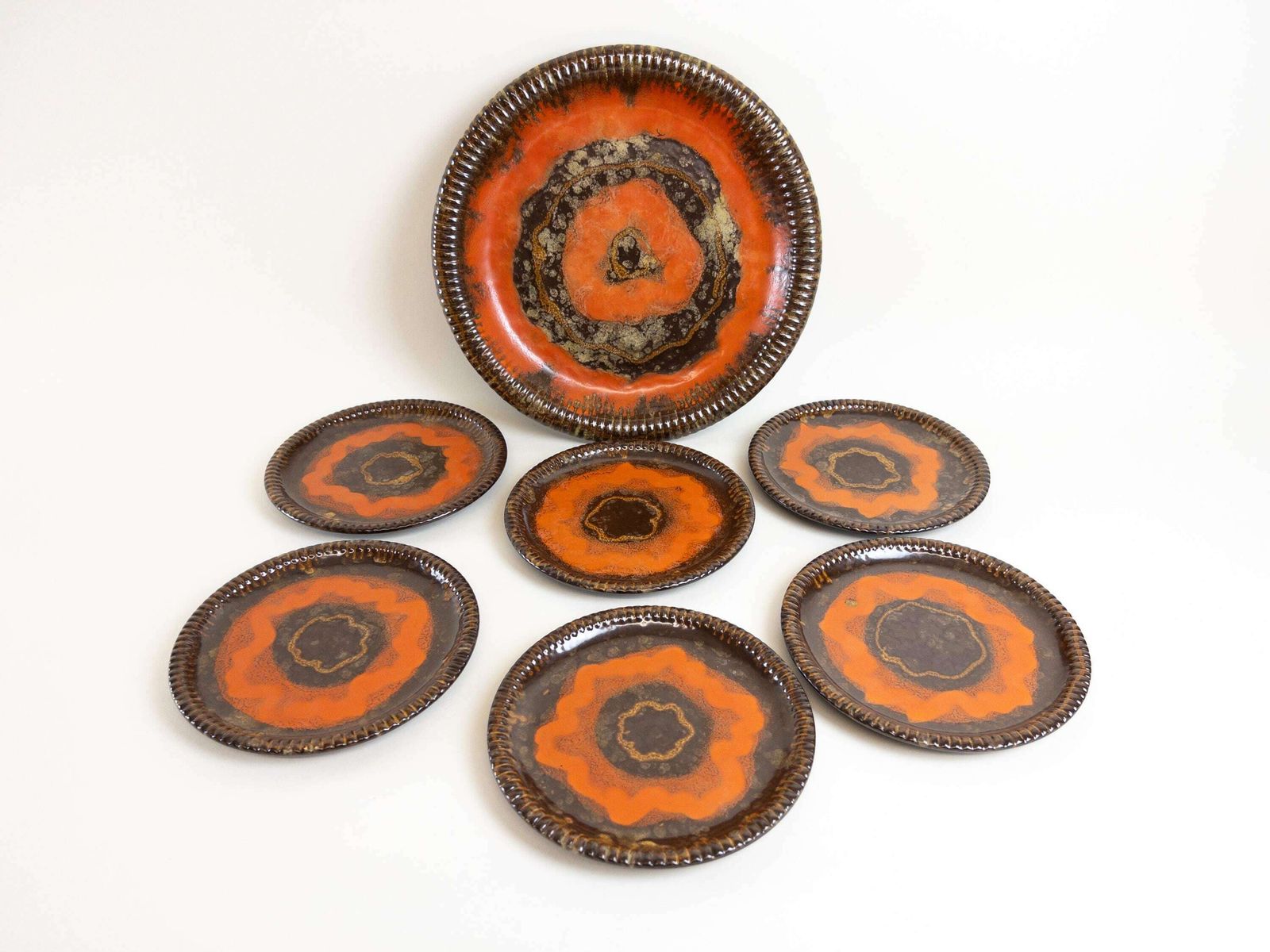 Carstens Uffrecht Serving Platter And 6 Dessert Plates   Rare Art Deco Orange And Brown Drip Glaze 7 Piece Plate Set