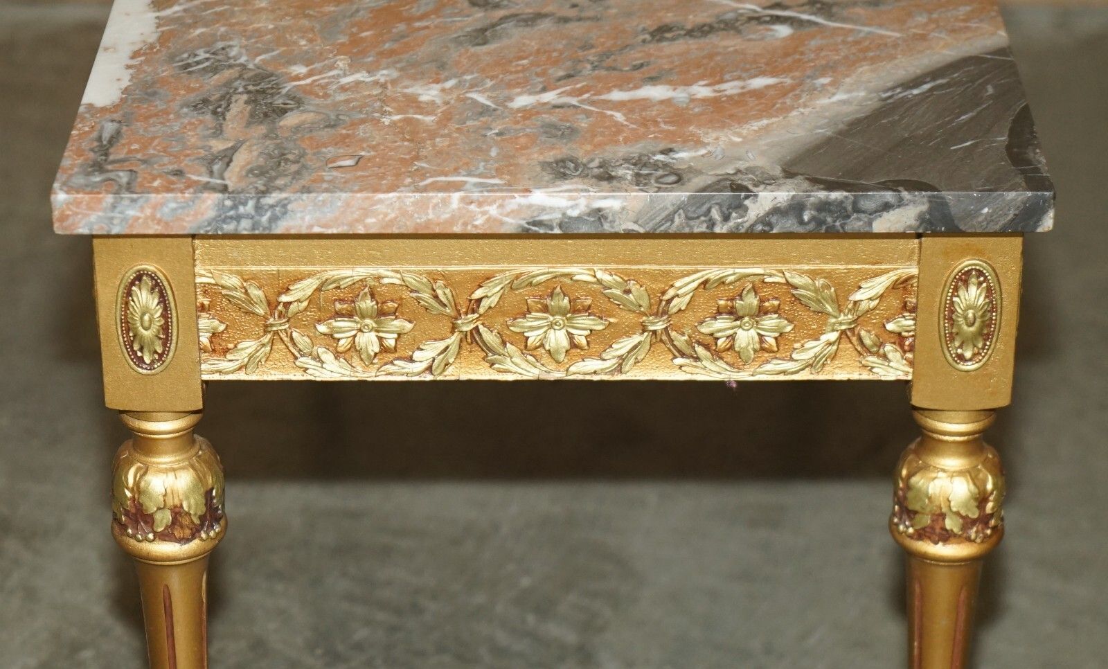 photo vintage French Marble Topped Gold Giltwood Coffee Table With Signed Painted Paris Plaque